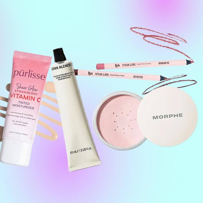 A pastel makeup collage featuring produtcts from Purlisse, Grown Alchemist, Morphe and LYS set against a soft gradient background