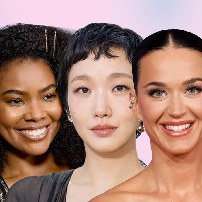 An image shows three women side by side, each with distinct hairstyles and makeup, set against a soft pastel gradient background