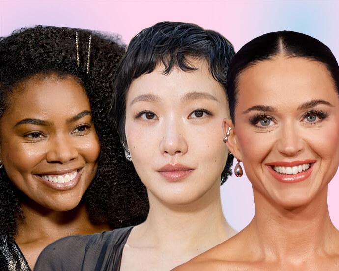 An image shows three women side by side, each with distinct hairstyles and makeup, set against a soft pastel gradient background