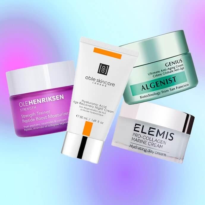 An image featuring four different creams set against a gradient background of purple and blue