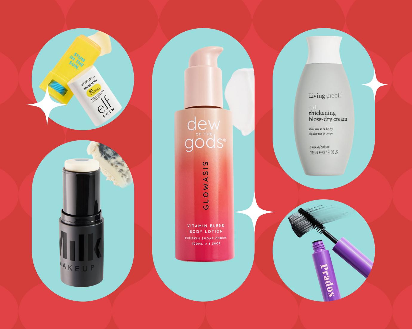 A graphic with red patterned background and turquoise circles showcasing beauty products, including E.L.F. sunscreen stick, Milk Makeup balm, Dew of the Gods body lotion, Living Proof blow-dry cream, and a Prados Beauty mascara.