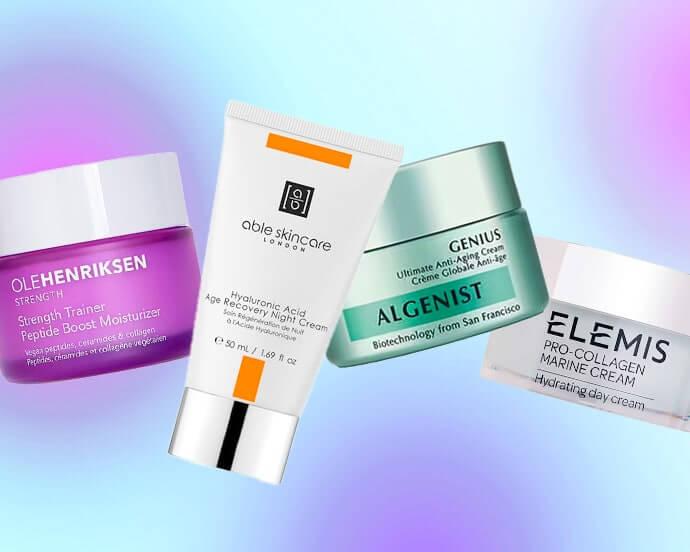 An image featuring four different creams set against a gradient background of purple and blue