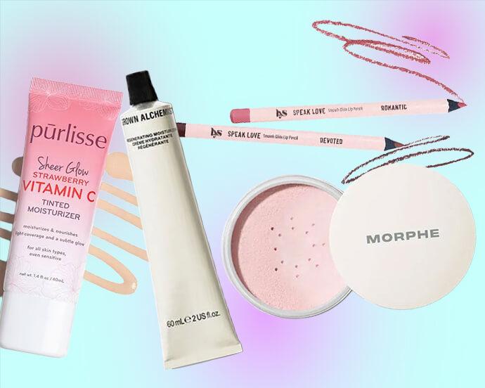 A pastel makeup collage featuring produtcts from Purlisse, Grown Alchemist, Morphe and LYS set against a soft gradient background