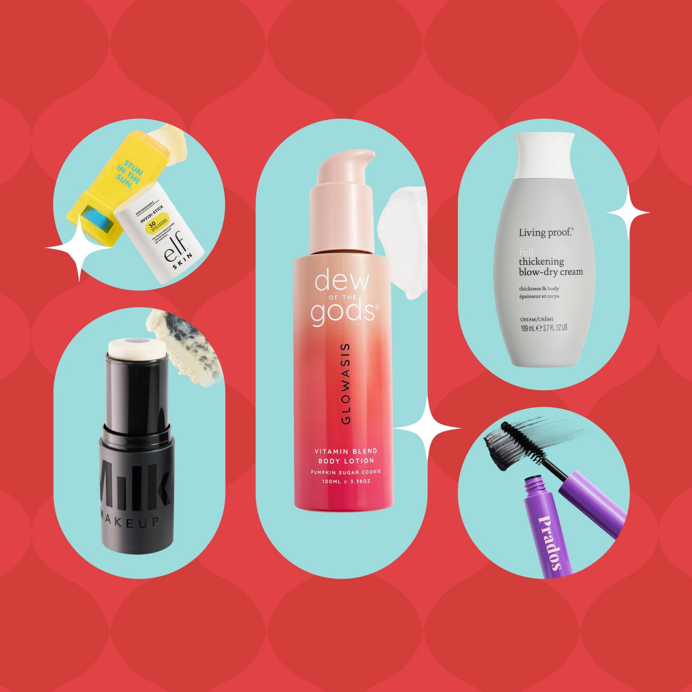 A graphic with red patterned background and turquoise circles showcasing beauty products, including E.L.F. sunscreen stick, Milk Makeup balm, Dew of the Gods body lotion, Living Proof blow-dry cream, and a Prados Beauty mascara.