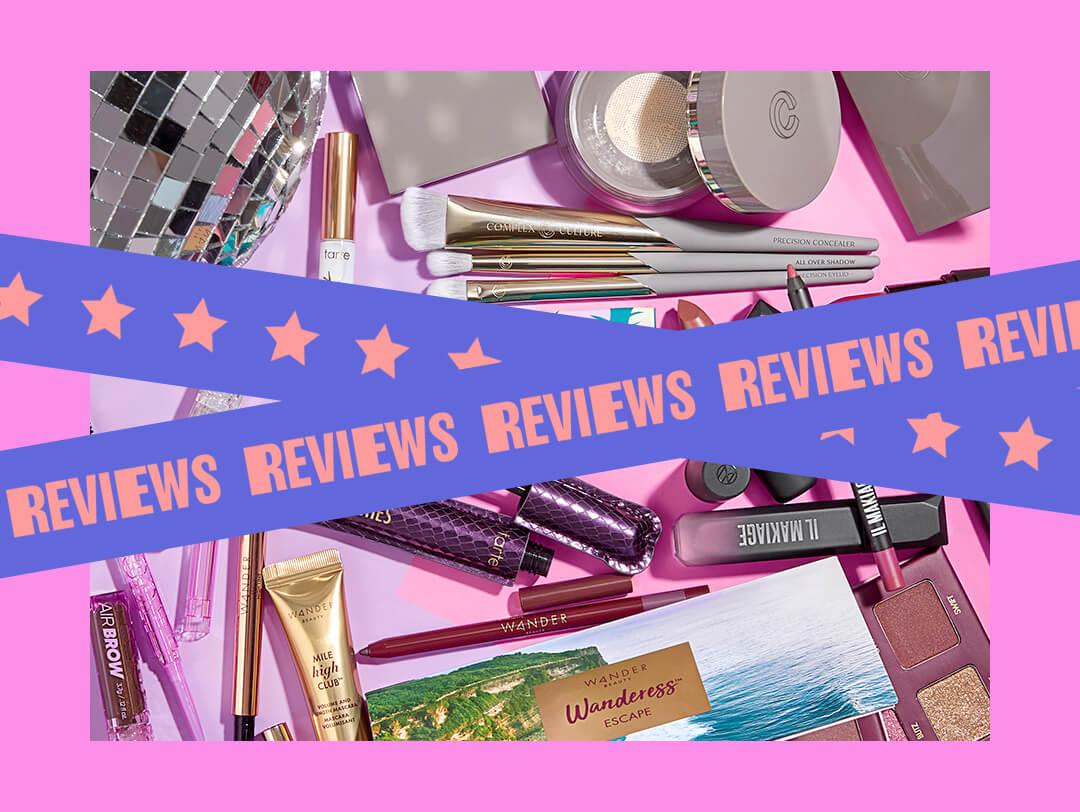 Beauty products from various brands scattered inside lilac pink frame with blue thick line across and orange text REVIEWS Desktop