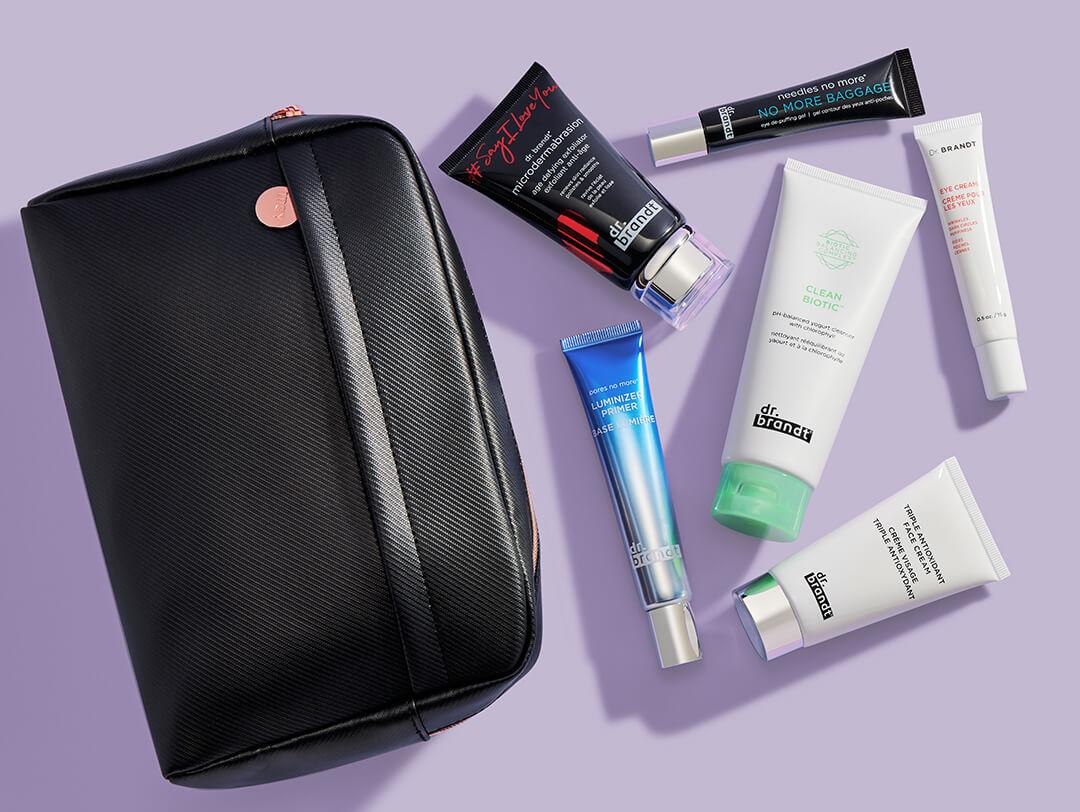Black makeup pouch and skincare products from DR. BRANDT on lilac background Desktop