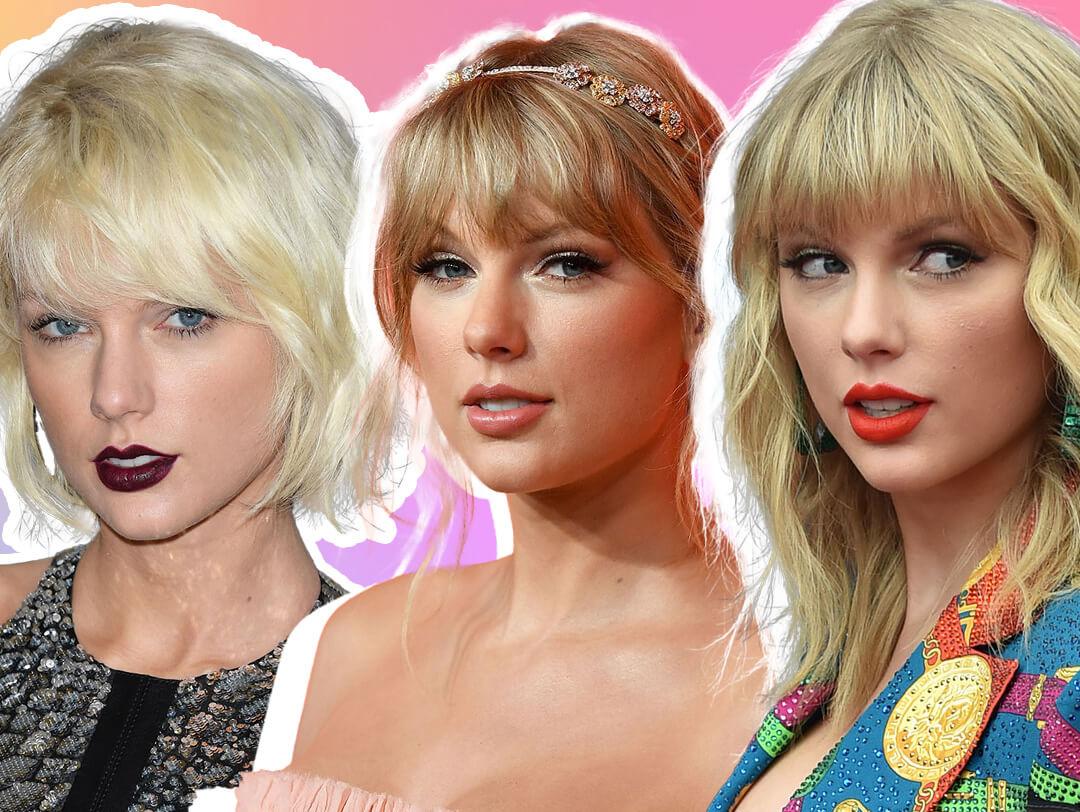 A picture of Taylor Swift showcasing three distinct makeup styles Desktop