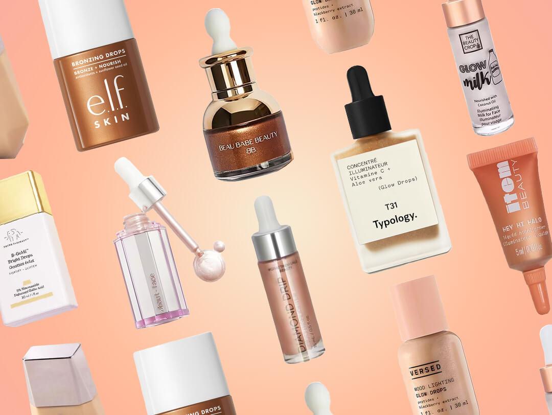 An overhead image showcasing various highlighter drops from brands like ELF, Beau Babe Beauty, About Face, Item Beauty, The Beauty Crop, Typology, and Diamond Drip, all set against a peach-colored background Desktop