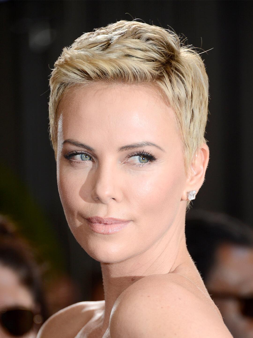 Charlize Theron rocking a texturized pixie cut hairstyle Mobile