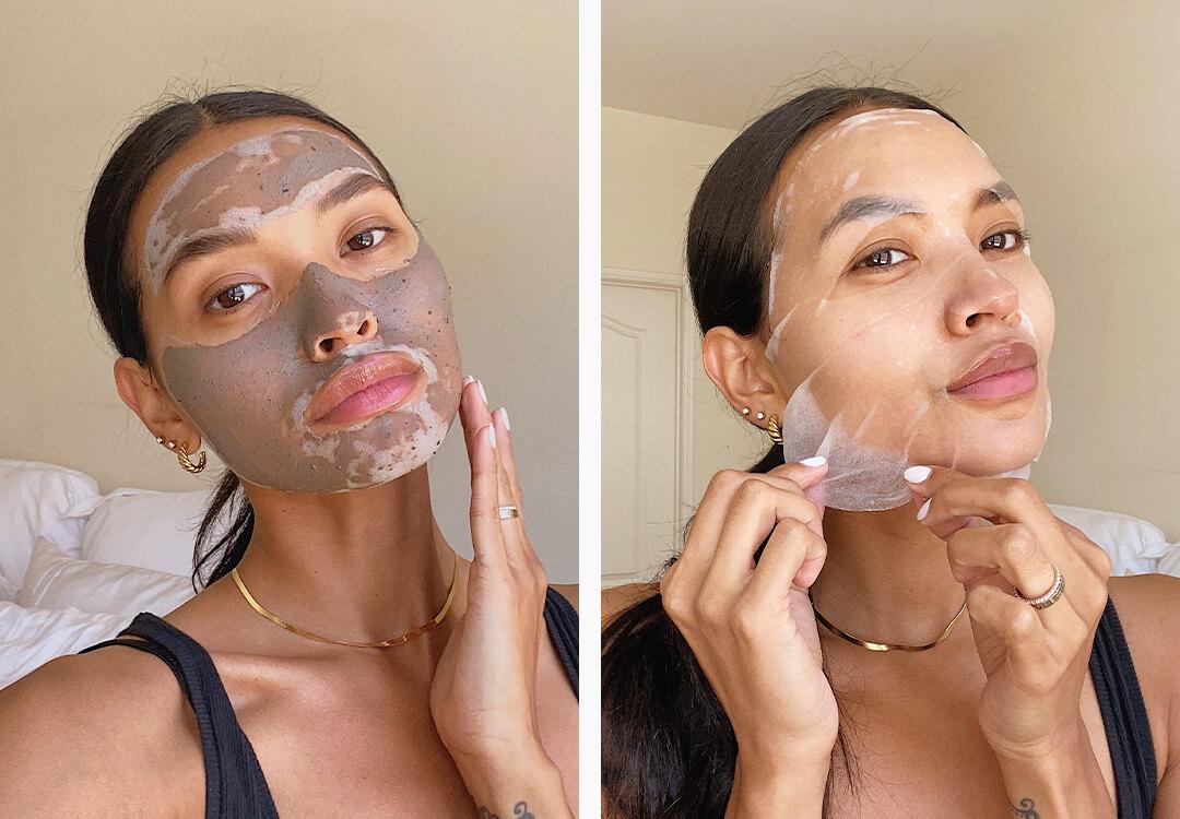 Image of a woman putting on a clay mask and another image of the same woman putting on a sheet mask Desktop