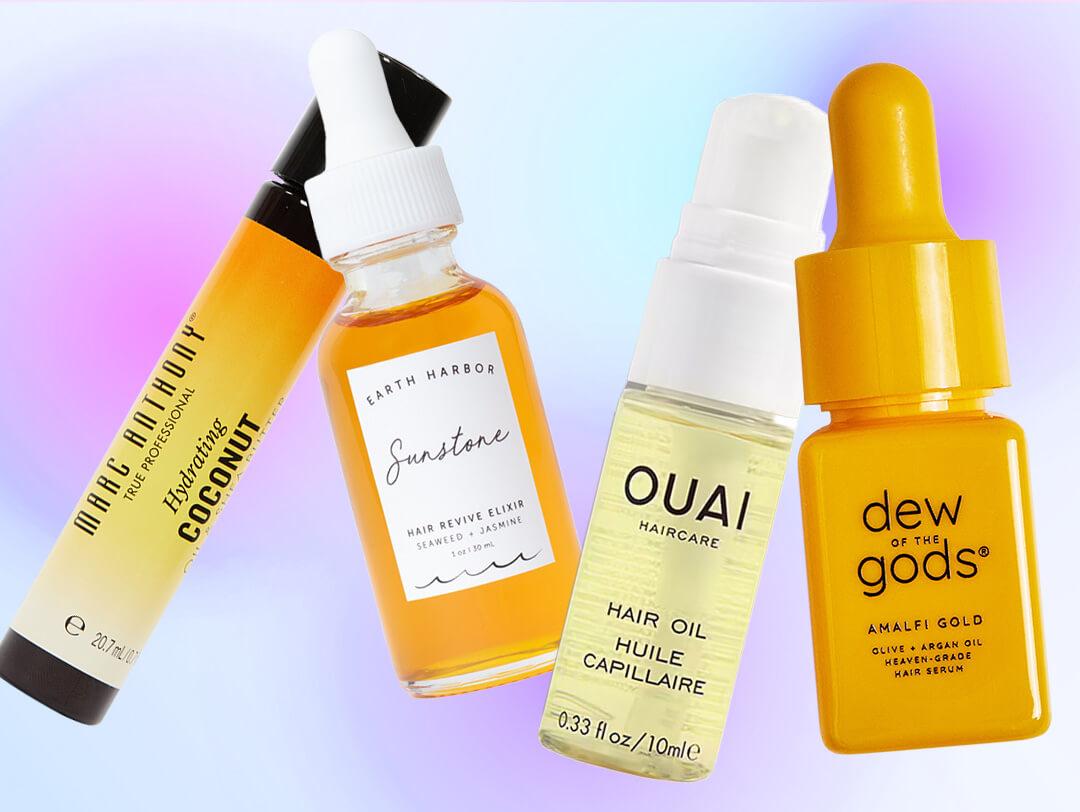 Close-up picture of hair oil products with a purple gradient background from the brands Marc Anthony, Earth Harbor, Ouai, and Dew of the Gods   Desktop