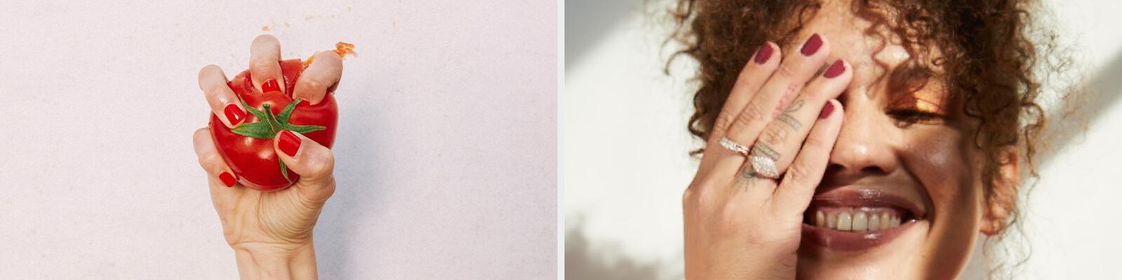 An image of a hand with bright red mani crushing a tomato and an image of a curly haired model covering half of her face with her hand with dark red mani