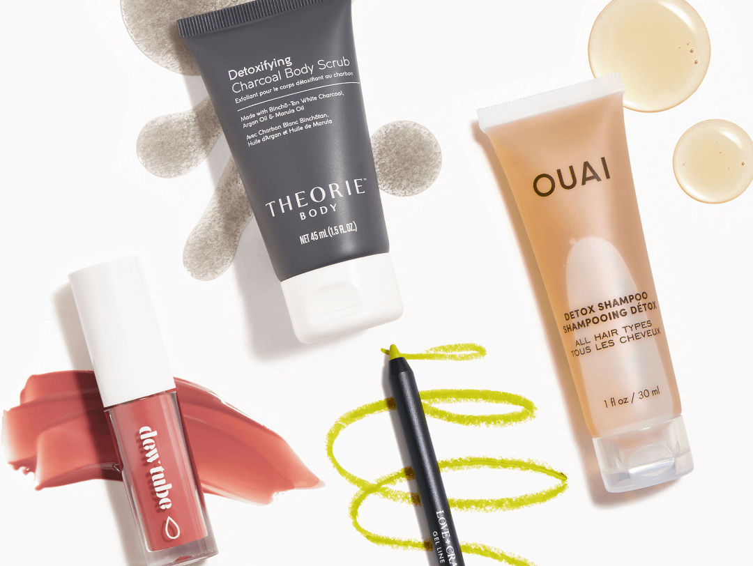 Makeup and hair care products from the October 2021 IPSY Glam Bag swatched on white background Desktop