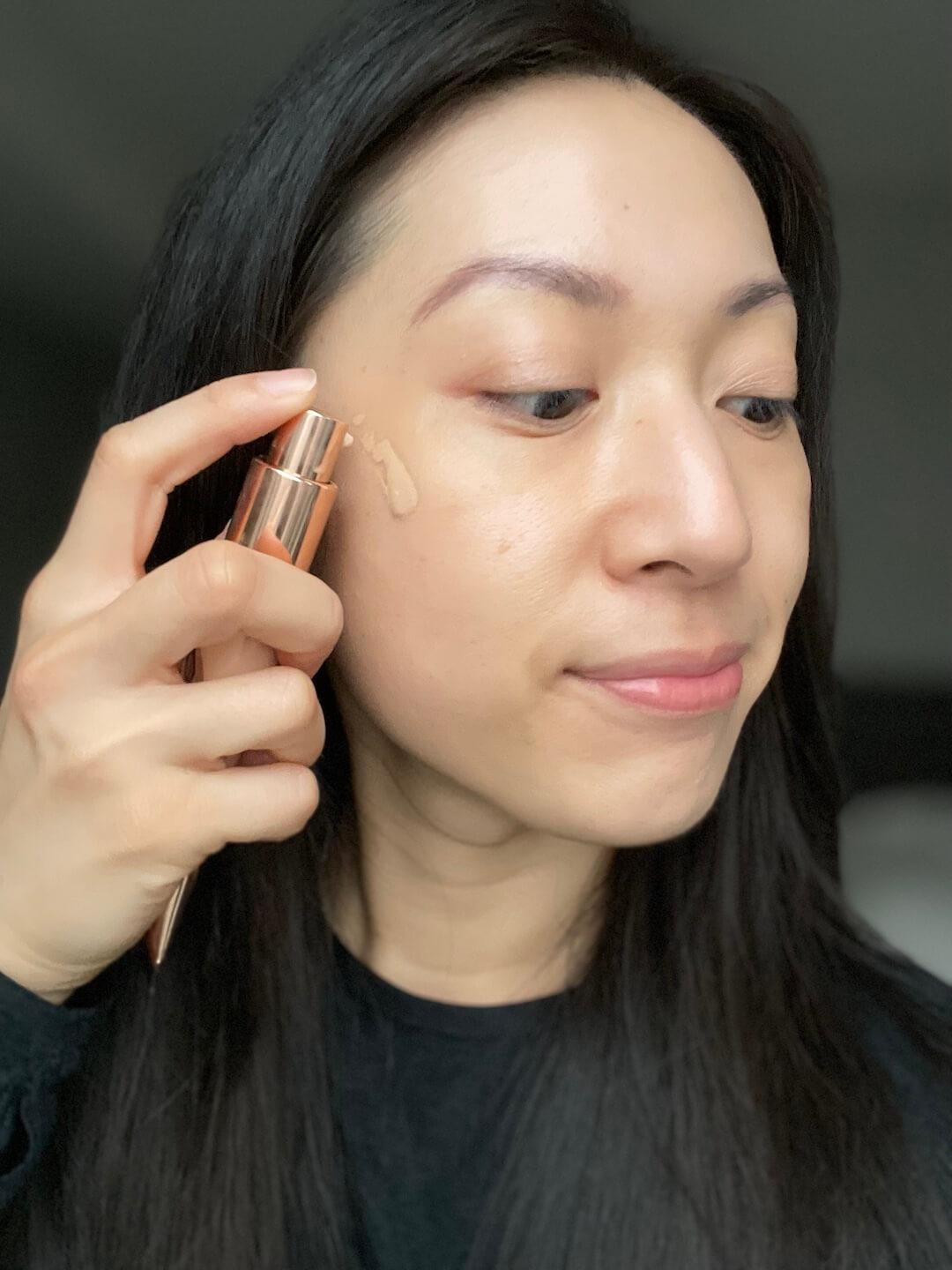 Beauty writer Susan Muramoto testing out the Charlotte Tilbury Beautiful Skin foundation.