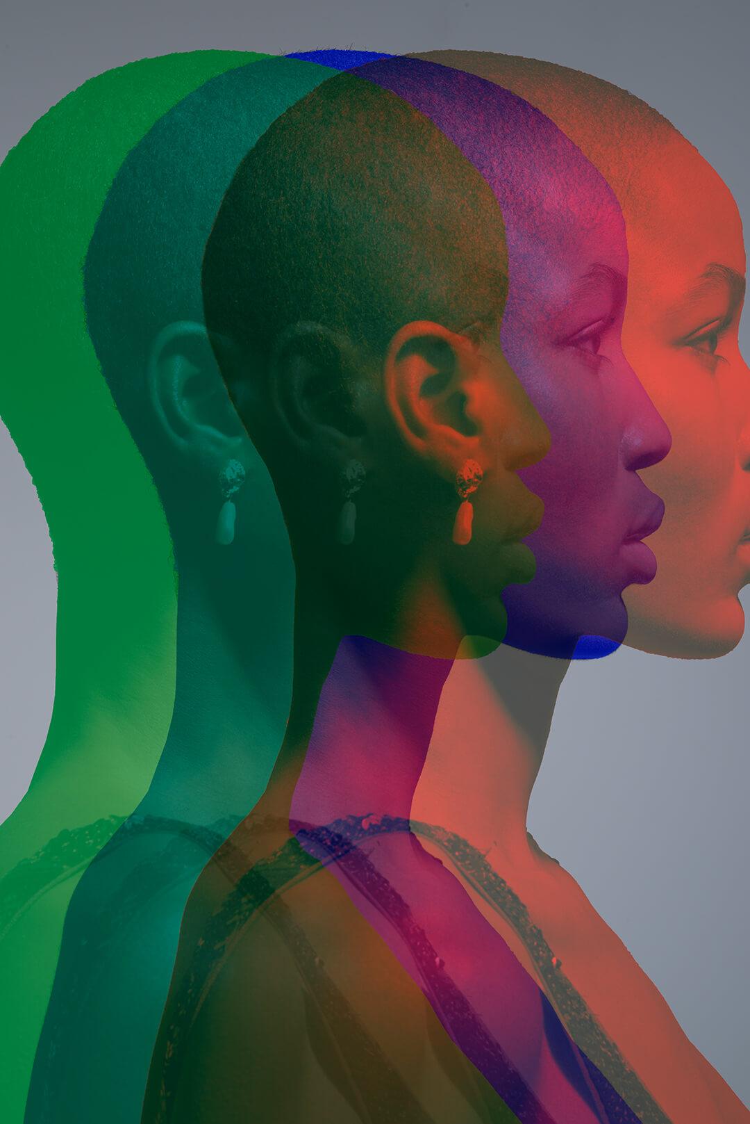 Red, blue and green overlays of black female model in profile Desktop