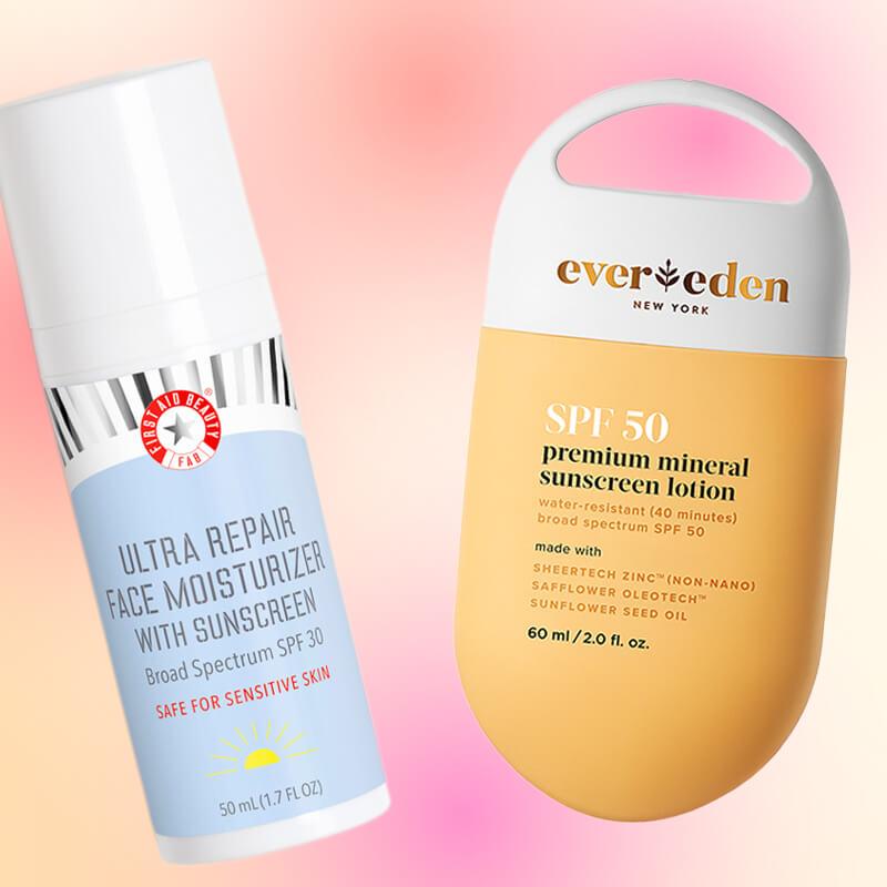 3 bottles of moisturizers with SPF over an gradient yellow and pink background
