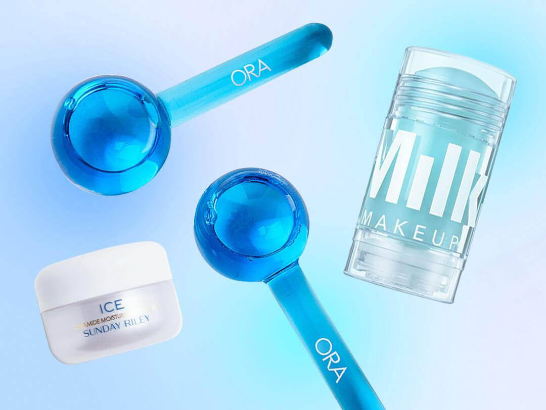 Cooling beauty products from various brands on blue ombre background Desktop