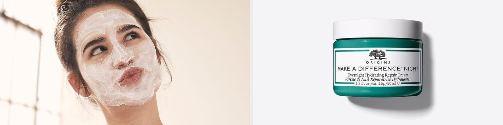 An image of a model with a white face mask on her face and an image of ORIGINS Make a Difference™ Night: Overnight Hydrating Repair Cream