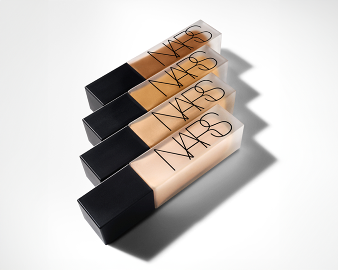 NARS Natural Matte Longwear Foundation bottles arranged in a gradient of shades