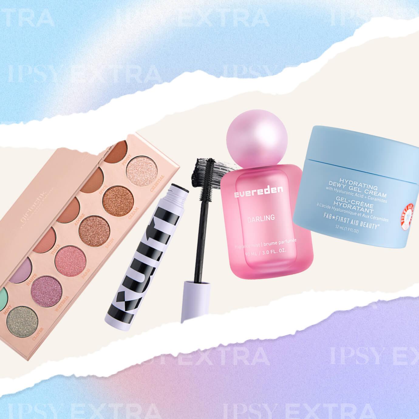 A flat lay of IPSY Extra January spoilers, including an eyeshadow palette, a black mascara wand with lifted lashes, a pink Evereden “Darling” fragrance mist, and a blue jar of First Aid Beauty Hydrating Dewy Gel Cream on a torn-paper pastel background.