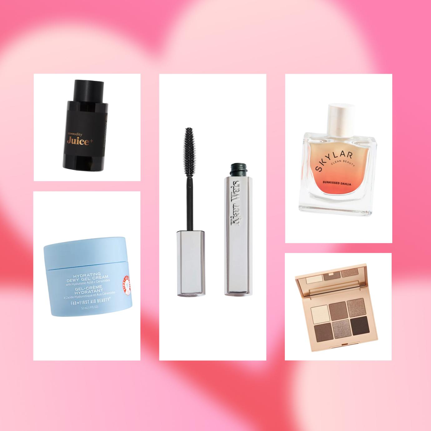 Pink gradient background featuring a collage of beauty products, including a black fragrance bottle, a silver mascara, a clear perfume bottle, a blue gel moisturizer jar, and a neutral-toned eyeshadow palette arranged in white frames.