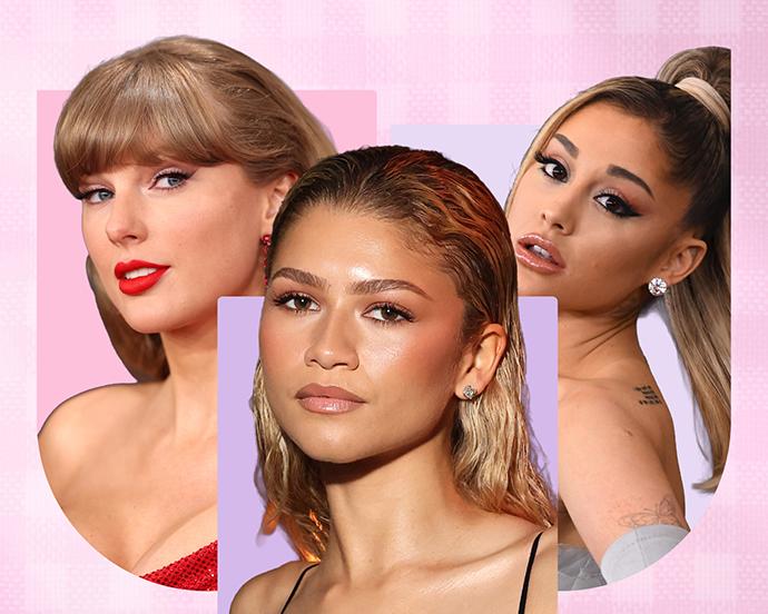 Collage of celebrities with signature makeup looks, featuring bold red lips, glowing skin, and defined eyes as inspiration for iconic beauty styles