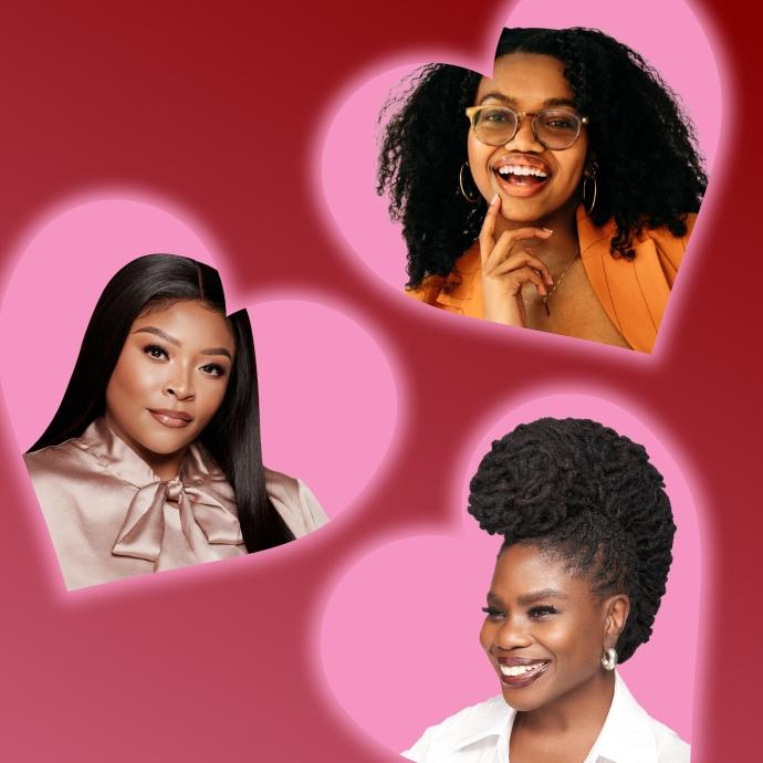 Three portraits of Black beauty creators, brand founders, and more appear inside pink heart shapes on a deep red background.