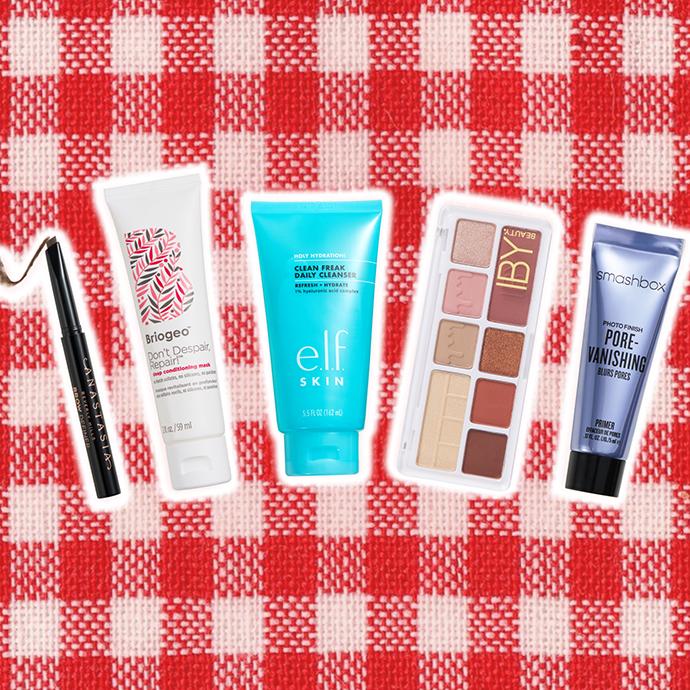Collage of beauty products including brow pencil, hair mask, facial cleanser, eyeshadow palette, and pore-blurring primer on a red gingham background