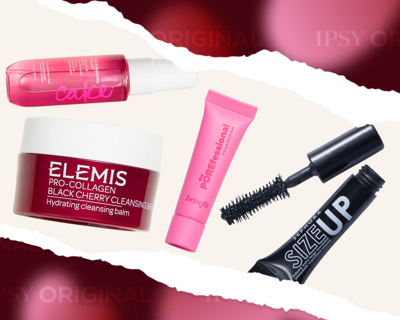 A flat lay of IPSY Original February spoilers featuring Cake hair mist, ELEMIS Pro-Collagen Black Cherry Cleansing Balm, Benefit POREfessional primer, and Sephora Sizzlip mascara on a torn-paper red and cream background.