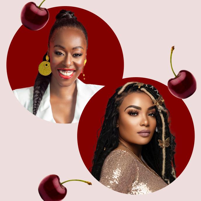 Two portraits of Black beauty founders appear in red circular frames, surrounded by cherry illustrations on a pale pink background.