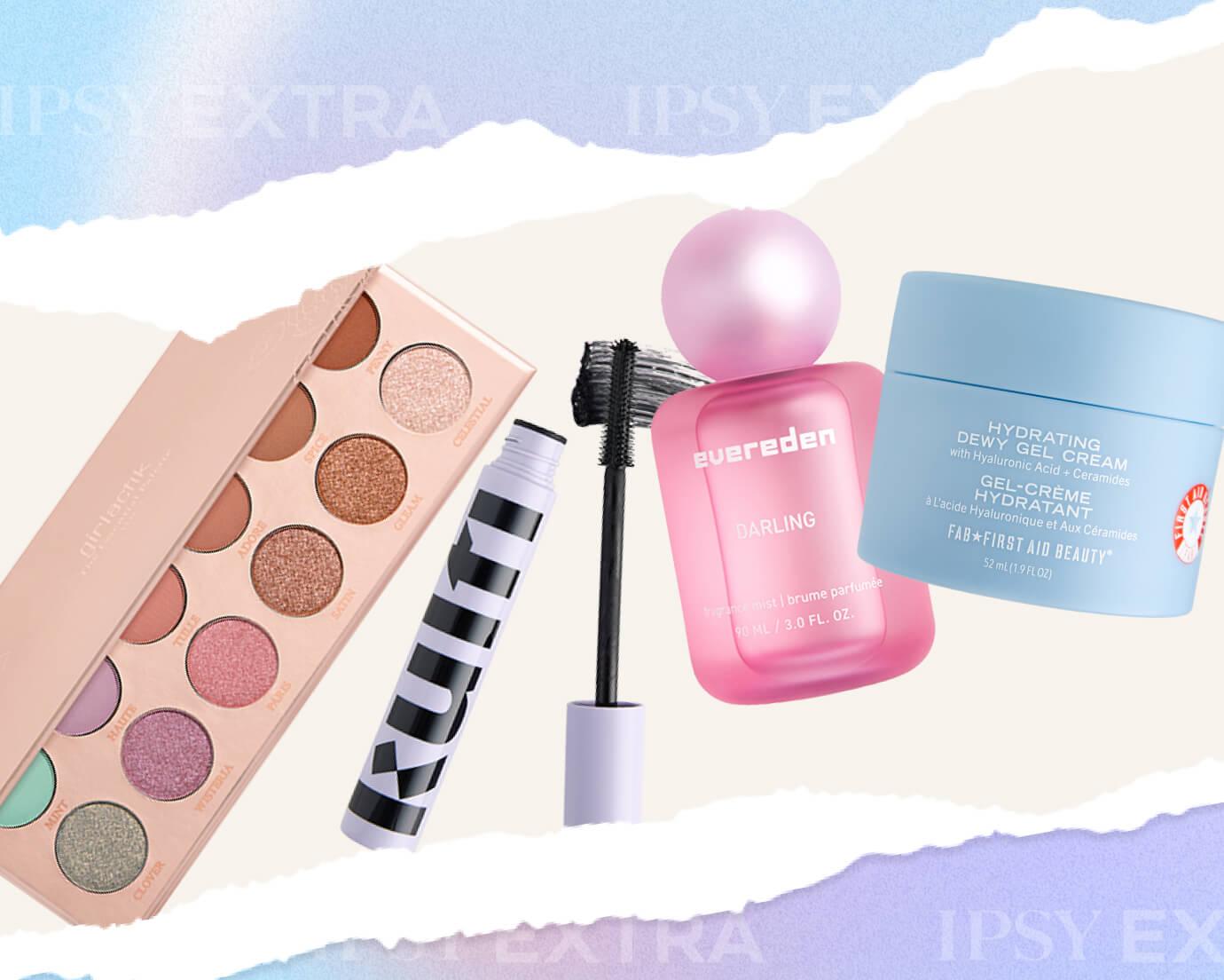 A flat lay of IPSY Extra January spoilers, including an eyeshadow palette, a black mascara wand with lifted lashes, a pink Evereden “Darling” fragrance mist, and a blue jar of First Aid Beauty Hydrating Dewy Gel Cream on a torn-paper pastel background.