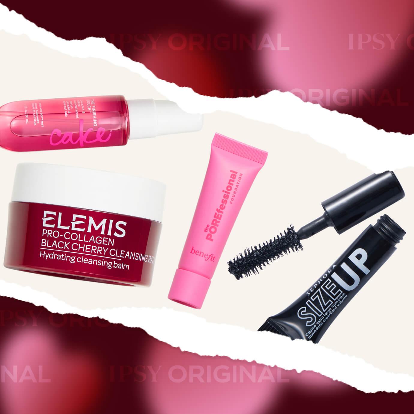 A flat lay of IPSY Original February spoilers featuring Cake hair mist, ELEMIS Pro-Collagen Black Cherry Cleansing Balm, Benefit POREfessional primer, and Sephora Sizzlip mascara on a torn-paper red and cream background.