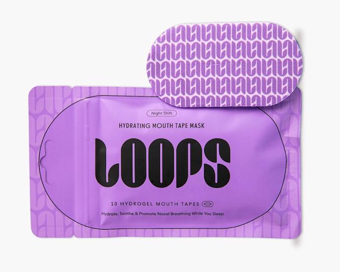 LOOPS Hydrating Mouth Tape Mask packaging with hydrogel mouth strips designed to promote nasal breathing and overnight lip hydration.