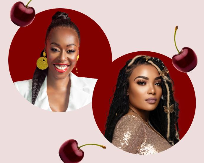 Two portraits of Black beauty founders appear in red circular frames, surrounded by cherry illustrations on a pale pink background.