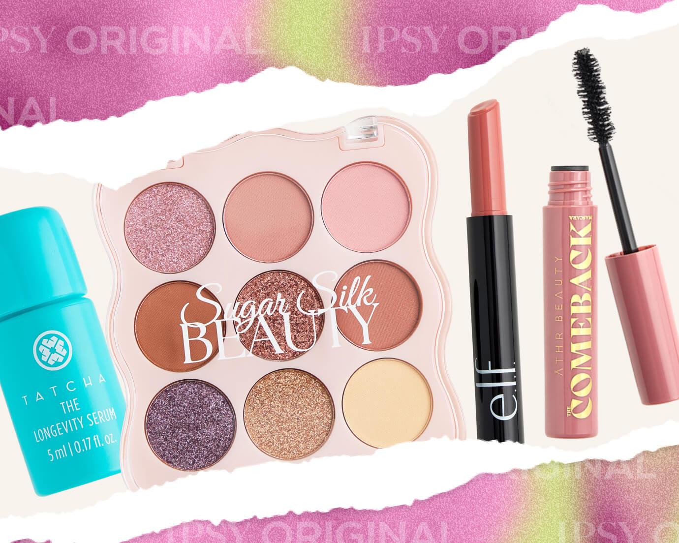 A flat lay of IPSY Original January spoilers featuring a Tatcha Longevity Serum mini, a Sugar Silk Beauty nine-pan eyeshadow palette, an e.l.f. satin lipstick, and an Āthr Beauty pink mascara, arranged on a torn-paper pastel background.