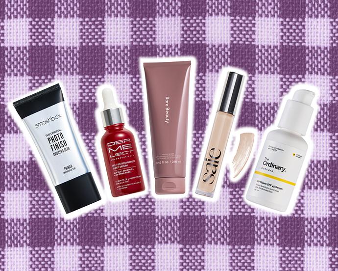 Collage of skincare and makeup products including primer, exfoliating serum, body wash, concealer, and SPF serum on a purple gingham background