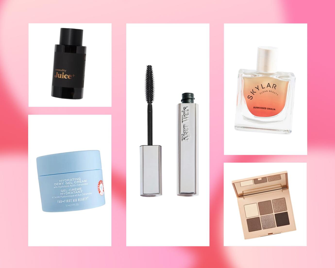 Pink gradient background featuring a collage of beauty products, including a black fragrance bottle, a silver mascara, a clear perfume bottle, a blue gel moisturizer jar, and a neutral-toned eyeshadow palette arranged in white frames.