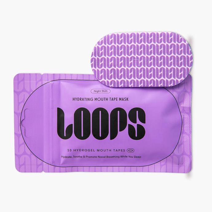 LOOPS Hydrating Mouth Tape Mask packaging with hydrogel mouth strips designed to promote nasal breathing and overnight lip hydration.