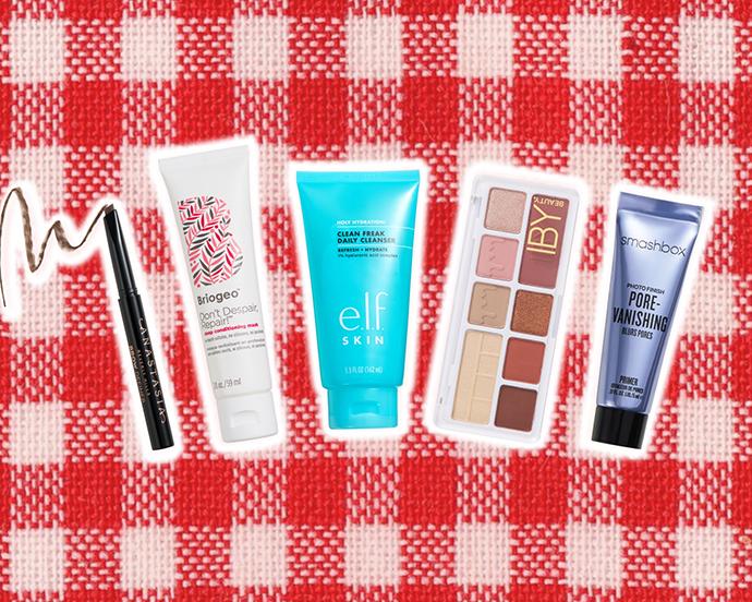 Collage of beauty products including brow pencil, hair mask, facial cleanser, eyeshadow palette, and pore-blurring primer on a red gingham background