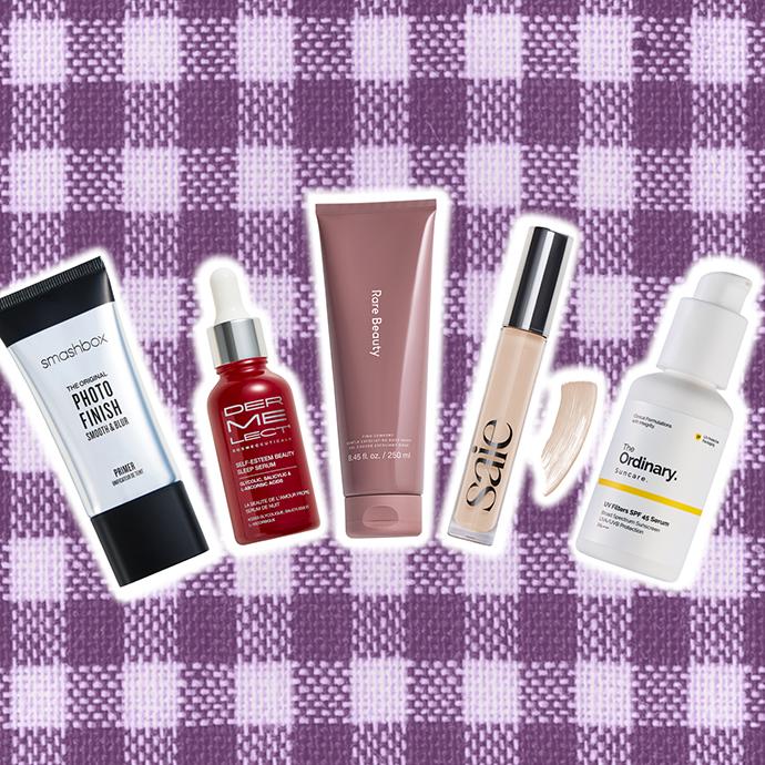 Collage of skincare and makeup products including primer, exfoliating serum, body wash, concealer, and SPF serum on a purple gingham background