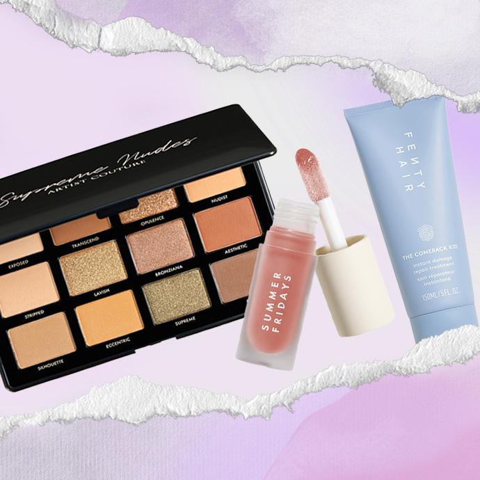 Beauty products arranged on a torn pastel background, featuring a neutral Anastasia Beverly Hills eyeshadow palette, a Summer Fridays lip gloss with doe-foot applicator, and a Fenty Hair The Comeback Kid treatment tube.