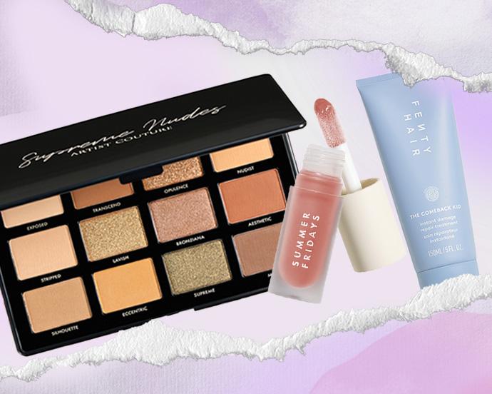 Beauty products arranged on a torn pastel background, featuring a neutral Anastasia Beverly Hills eyeshadow palette, a Summer Fridays lip gloss with doe-foot applicator, and a Fenty Hair The Comeback Kid treatment tube.