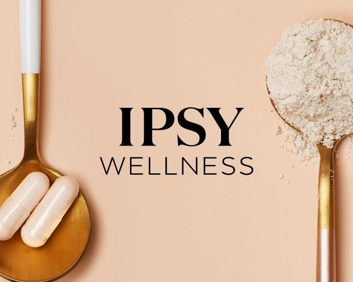 IPSV Wellness graphic with capsules on a gold spoon and a scoop of powder on a spoon against a beige background.
