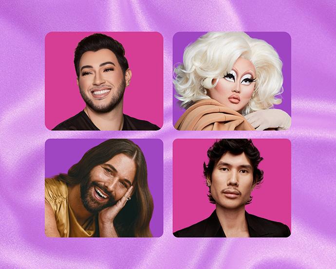 Collage spotlighting LGBTQ+ beauty founders and creators, celebrating influential voices shaping the beauty industry through artistry, innovation, and inclusive self-expression.