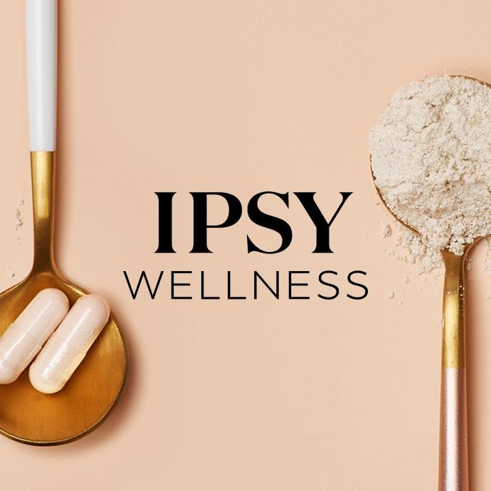 IPSV Wellness graphic with capsules on a gold spoon and a scoop of powder on a spoon against a beige background.