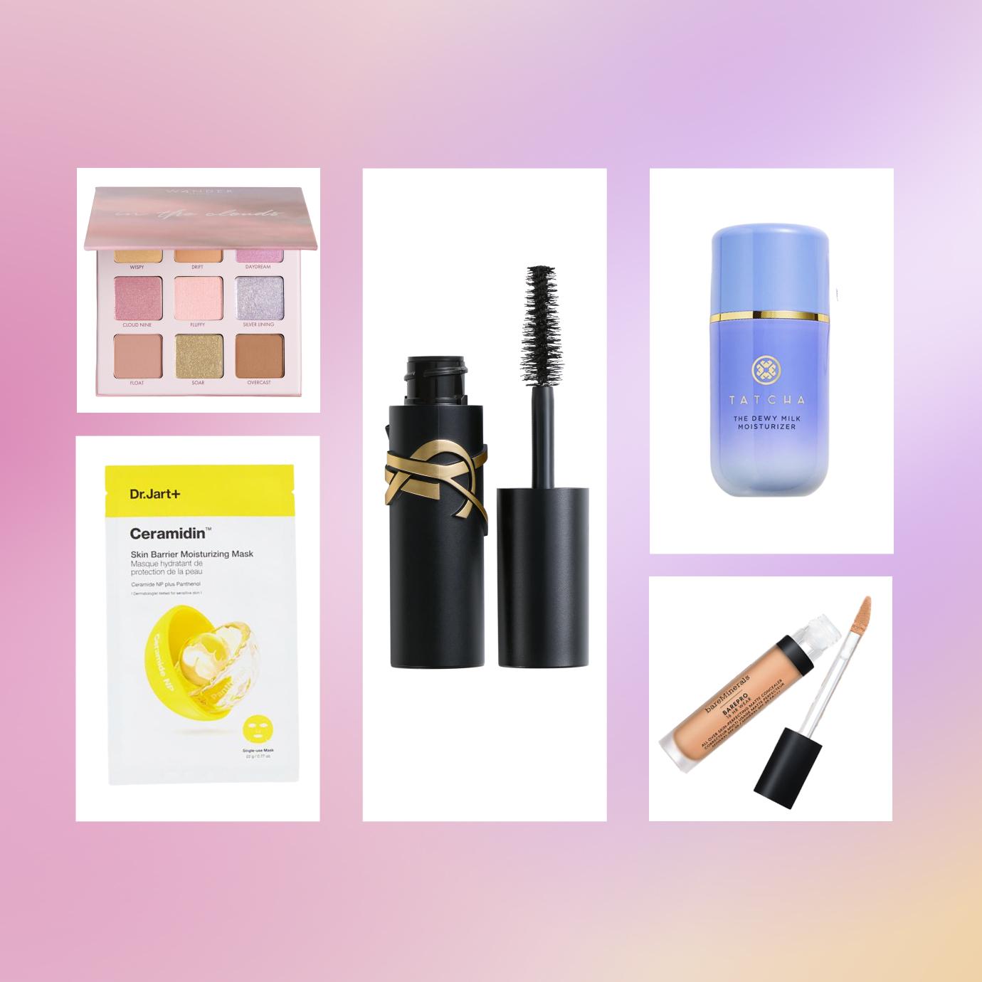 April 2026 IPSY Editors’ Picks featuring a Wander Beauty eyeshadow palette, Yves Saint Laurent mascara, Tatcha Dewy Milk Moisturizer, Dr. Jart+ Ceramidin sheet mask, and bareMinerals concealer on a pink gradient background.