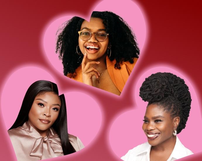 Three portraits of Black beauty creators, brand founders, and more appear inside pink heart shapes on a deep red background.