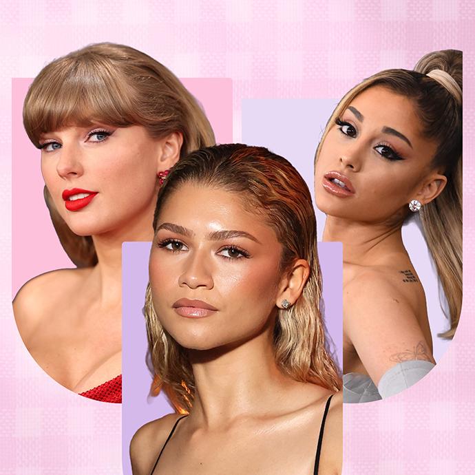 Collage of celebrities with signature makeup looks, featuring bold red lips, glowing skin, and defined eyes as inspiration for iconic beauty styles