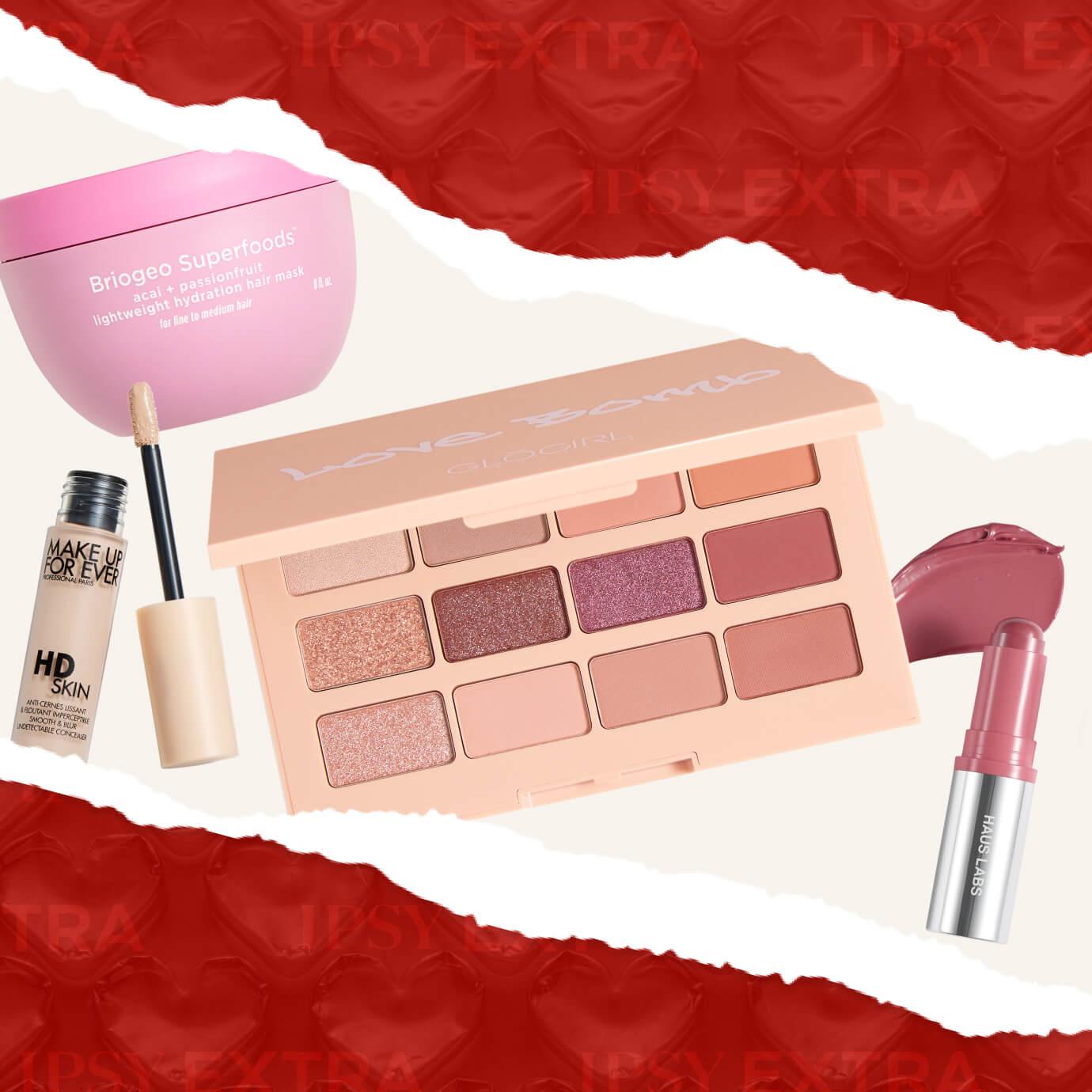 A flat lay of IPSY Extra February spoilers featuring a Briogeo Superfoods hair mask, Make Up For Ever HD Skin concealer, Love + Lemons eyeshadow palette, and a HAUS LABS cream blush stick, arranged on a torn-paper red and cream background.