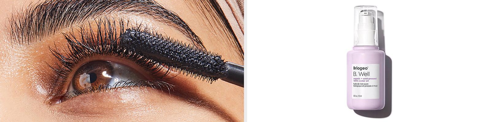 A closeup image of a model wearing neutral eyeshadow putting on mascara and an image of BRIOGEO Hair Care B. Well Organic + Cold-Pressed 100% Castor Oil Desktop